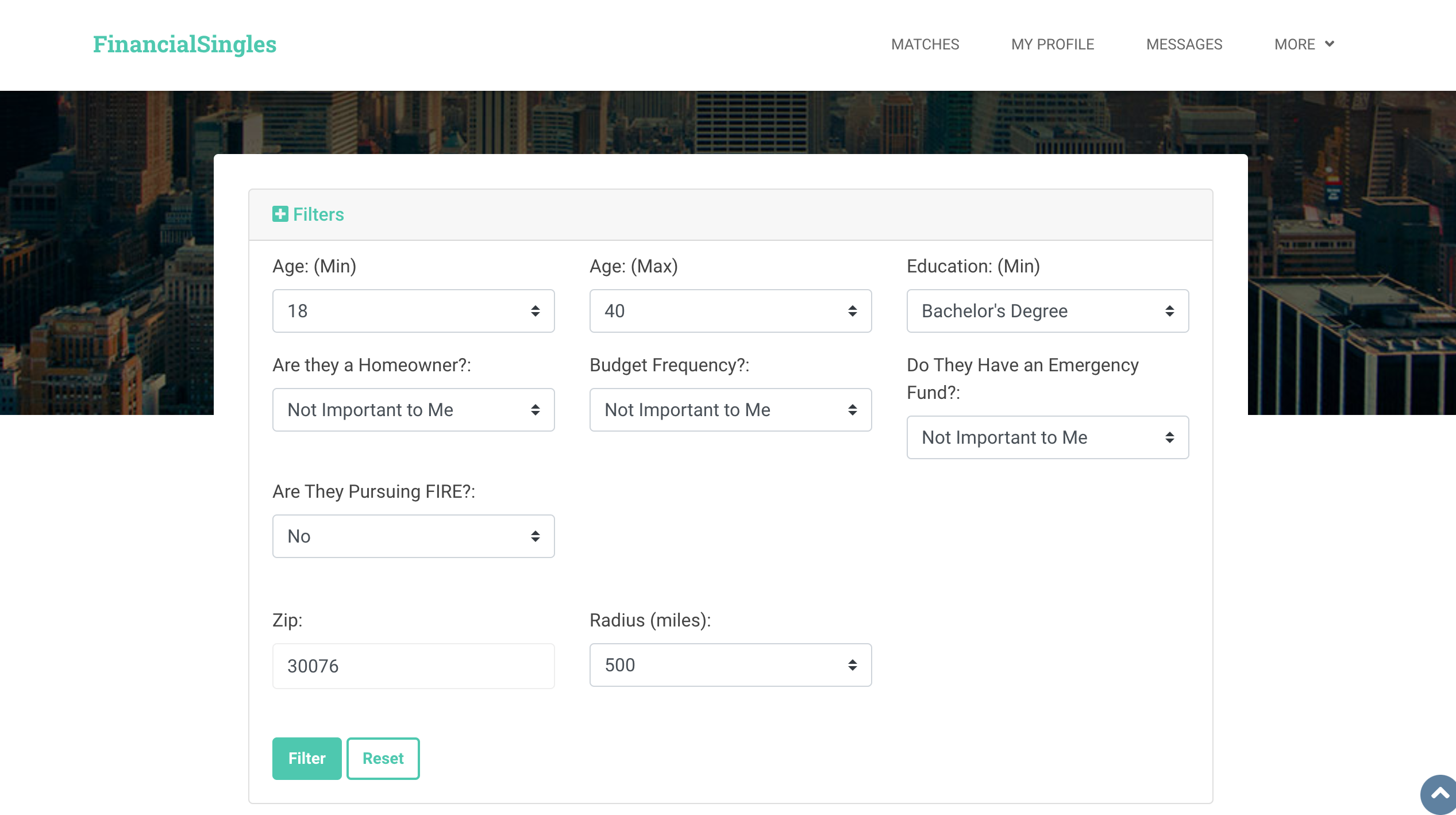 Screenshot of FinancialSingles.com's financial match filters that all members can use.