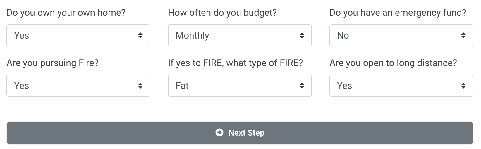 Screenshot of the FIRE profile attributes on one of the Edit Profile screens on FinancialSingles.